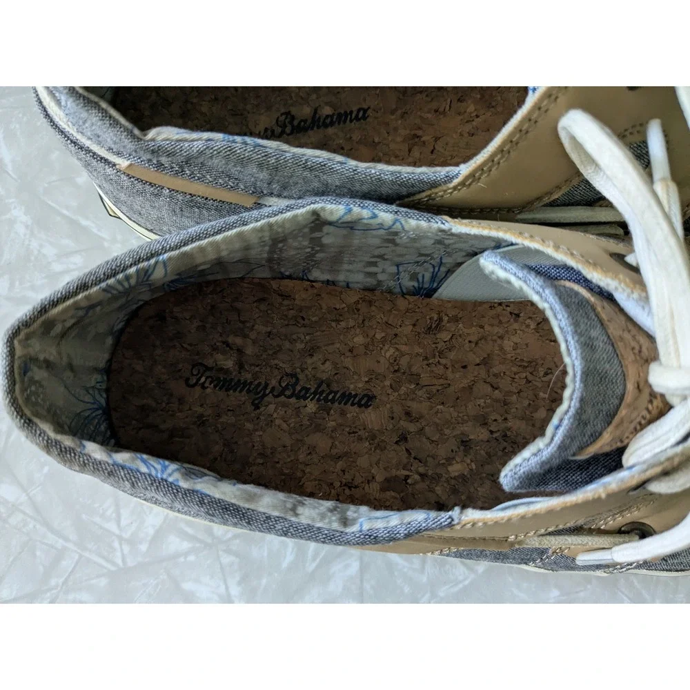 Tommy Bahama Mens Blue Grey Canvas Boat Shoes Loafers Size 11.5D Cork Footbed